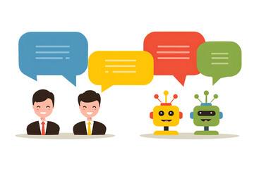 Businessmen conversing with robots, AI communication concept.