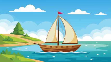 Fototapeta premium Cartoon Sailboat Sailing on Blue Water Near Green Land with Cloudy Sky Scene