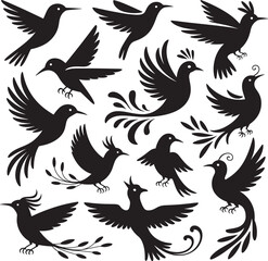 Set of Decorative Flying Birds Silhouette – Elegant Black Bird Vector Collection with Floral Elements