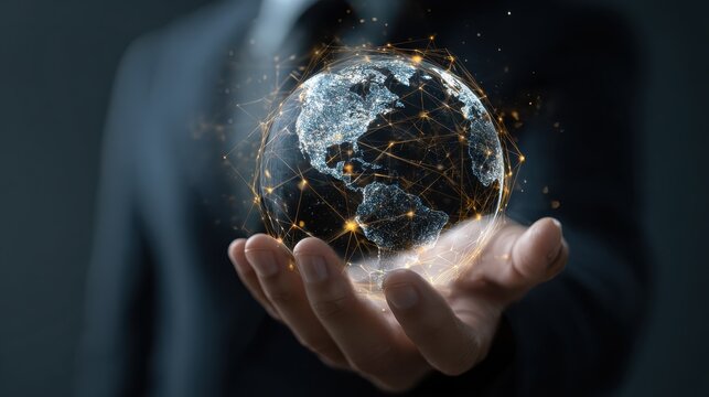 Businessman hold global business globe with network connected to digital marketing strategy and creative solution. Business development technology to support creativity idea