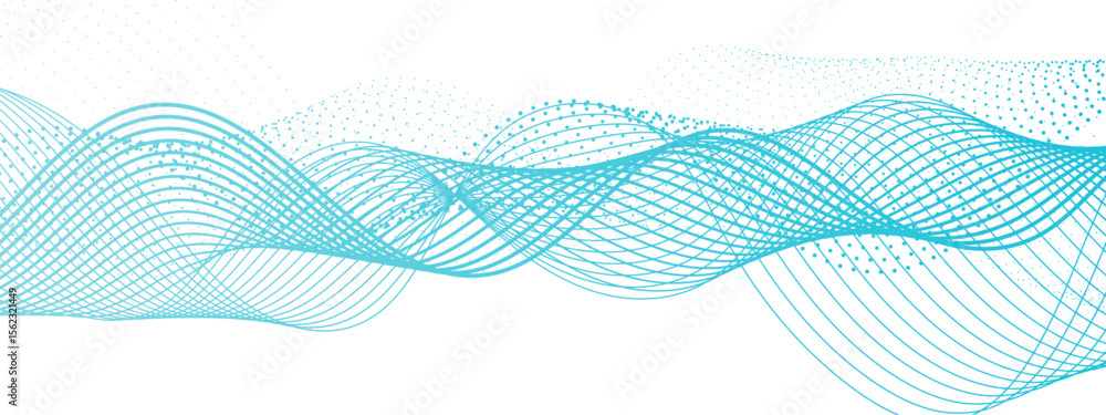 Poster vibrant, abstract wave composition with smooth green and teal curved lines interwoven with dotted ha