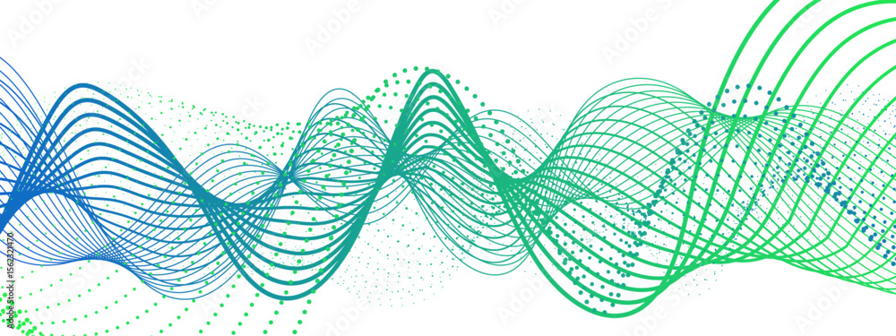 Poster vibrant, abstract wave composition with smooth green and teal curved lines interwoven with dotted ha