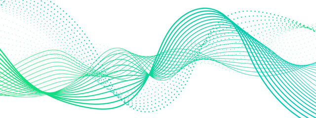 Vibrant, abstract wave composition with smooth green and teal curved lines interwoven with dotted halftone patterns. Dynamic sense of motion and depth using line thickness with futuristic branding