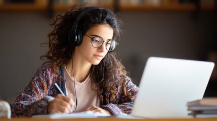 Hispanic teen girl, latin young woman school college student wear headphones learn watching online webinar webcast class looking at laptop elearning making notes or video calling remote teacher., no 