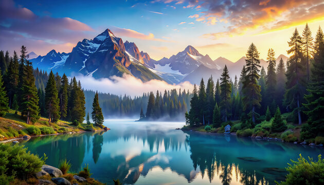 A serene mountain lake at dawn, with mist rising from the water, surrounded by pine forests and snowcapped peaks