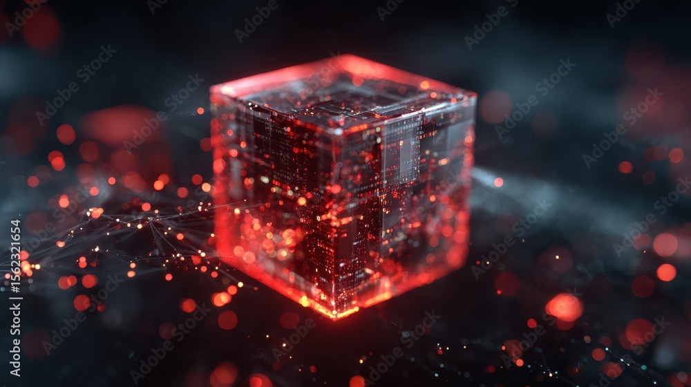 Aufkleber red glowing cube displays dynamic digital network connections. abstract tech image. data storage sys