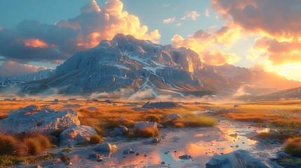 A scenic mountain landscape with a stream and a colorful sunset sky above the peak