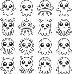 Fototapeta premium Sixteen Cute Blackand White Line Art Alien Octopusand U F O Designs Kawaii Style Illustrations vector 1