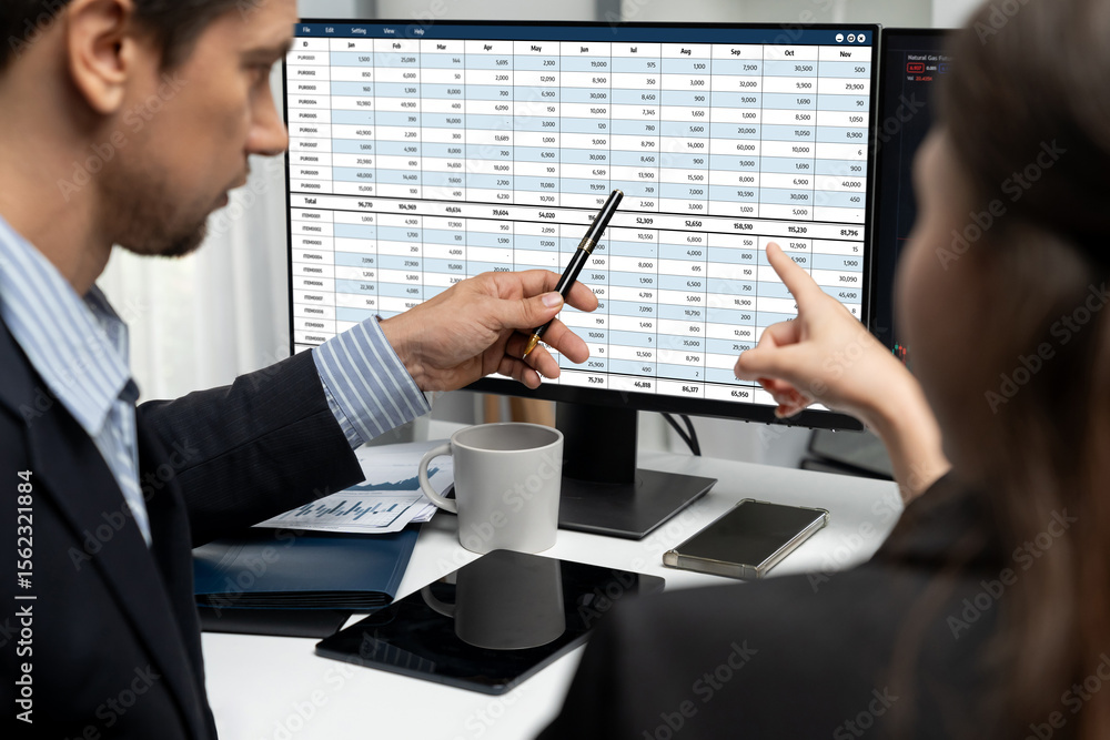 Poster accounting software on computer screen showing financial statement spreadsheets and account balance 