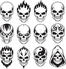 Twelve Black and White Skull Designs with Tribal Flames Yin Yang and Hooded Variations skulls monochrome