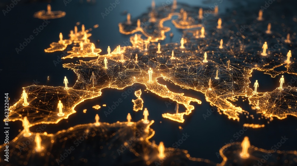 Poster digital map of europe showcasing network of connections with people icons, symbolizing global commun