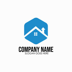 Logo with a house roof or abstract upward arrow in a blue hexagon, modern home or real estate symbol