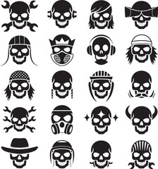 Twenty Black and White Skull Icons Various Headwear Accessories Wrench Designs skulls