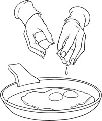 Whip up a delicious meal with this clear line art illustration of hands cracking eggs into a frying pan to make sunny-side up eggs. Perfect for cooking tutorials, breakfast themes, food blogs.