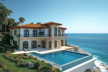 multi-storey mansion with white walls, ornate stone detailing, arched windows and doors, terra cotta tiled roof, and a large swimming pool with an infinity edge on a cliff overlooking vast blue ocean