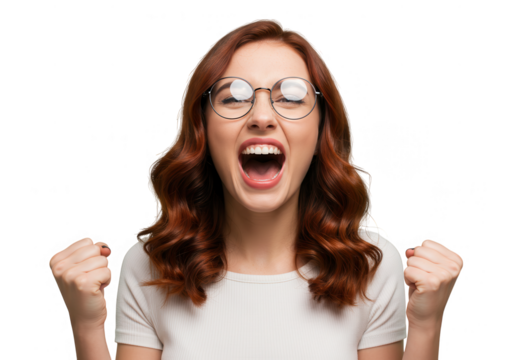 Excited woman shouting with joy and fists raised isolated on transparent background - Powered by Adobe