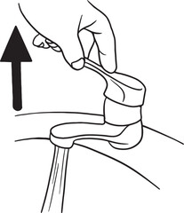 Line art illustration demonstrating how to turn on a water tap, complete with an upward arrow for instruction. Perfect for user manuals, DIY guides, plumbing tutorials.