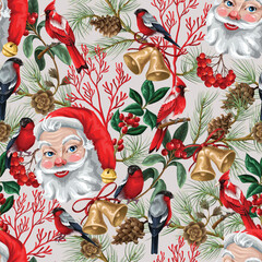 Seamless vector pattern featuring Santa Claus faces, red cardinals, bullfinches, golden bells, pine branches, cones, holly leaves, berries, and red twigs.
