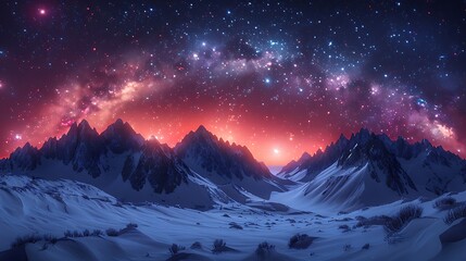 Snowy mountain range under a vibrant and colorful night sky filled with stars