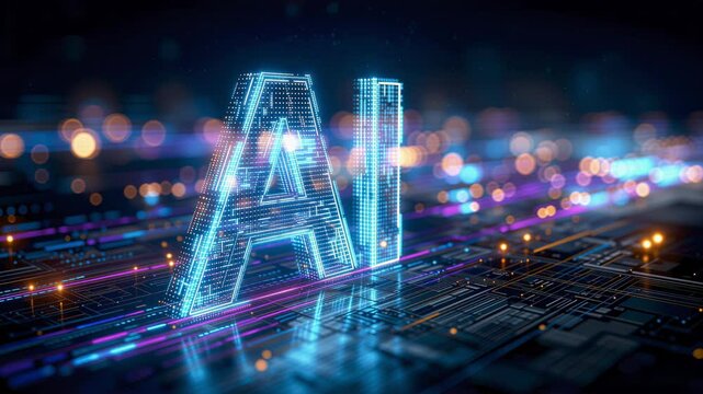 Futuristic AI Technology Concept &ndash; Glowing Letters in Digital Cyberspace with Neon Lights