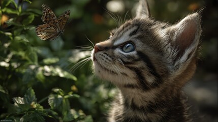 Naklejka premium Close-up of a cute kitten playing with a butterfly in the garden.