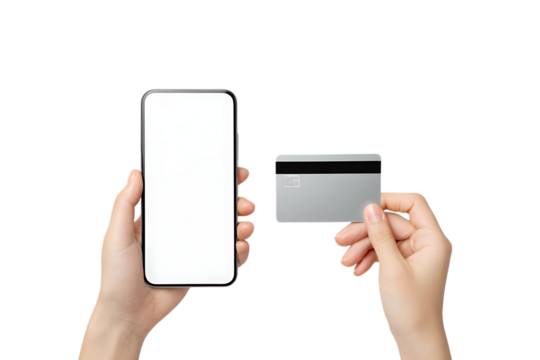 Hands holding smartphone and credit card for online payment.