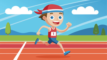 Animated Boy Runner in Red Shirt Number One Running on Track with Sky Background