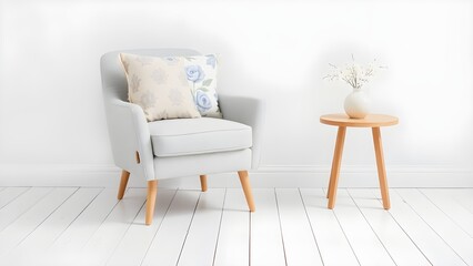 White interior wall mockup with traditional armchair, pillows, side table and blooming flowers in vase. Classical home design. 3d rendering.