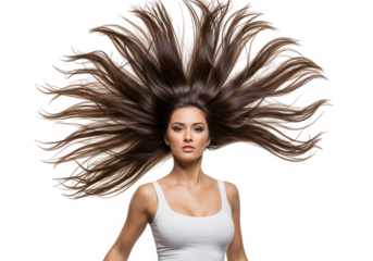 Woman with flowing brown hair isolated on transparent background