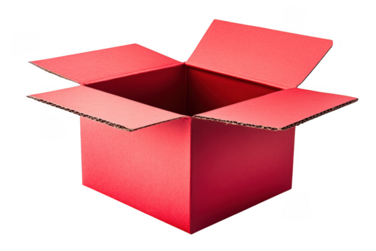 Open red cardboard box with corrugated edges isolated on black background