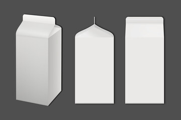 Milk or juice carton packaging package box white blank isolated over grey background. 3d rendering. side and front view.