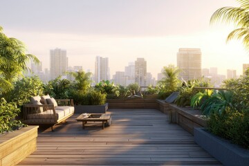 Rooftop garden terrace with a lounge set table and greenery against a cityscape backdrop
