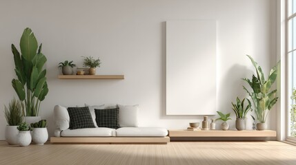 Modern minimalist living room with blank canvas, plants, and floating shelf.