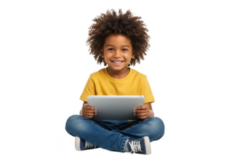 Smiling child with curly hair using a tablet isolated on transparent background