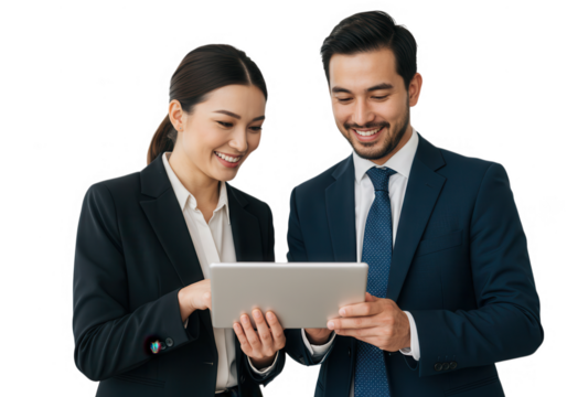 Business professionals collaborating on a tablet isolated on transparent background