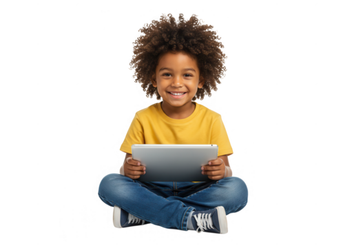 Smiling child with curly hair using a tablet isolated on transparent background