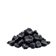 Fototapeta premium Pile of Shiny Black Charcoal Pebbles on White Background for Natural and Organic Conceptual Imagery