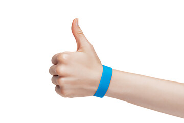 Positive hand gesture with a blue wristband.  Approval, support, or event concept.