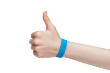 Positive hand gesture with a blue wristband.  Approval, support, or event concept.