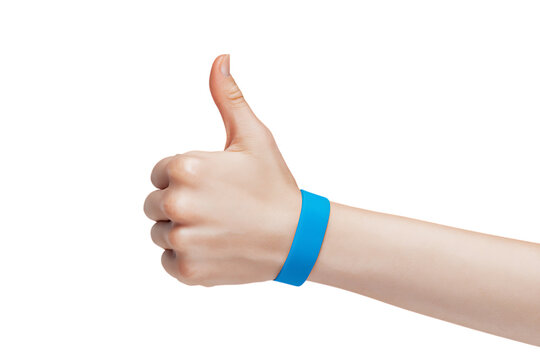 Positive hand gesture with a blue wristband.  Approval, support, or event concept.
