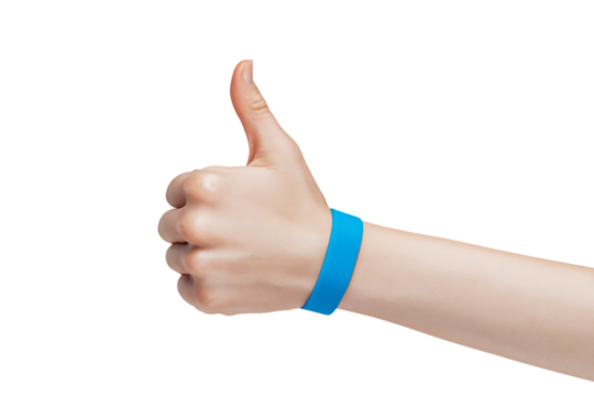 Positive hand gesture with a blue wristband.  Approval, support, or event concept.