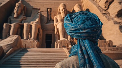 A young man wearing a blue turban visiting the Egyptian Temple of Nefertari near Abu Simbel in southern Egypt in Nubia next to Lake Nasser. Temple of Pharaoh Ramses II, travel lifestyle, no logos, no