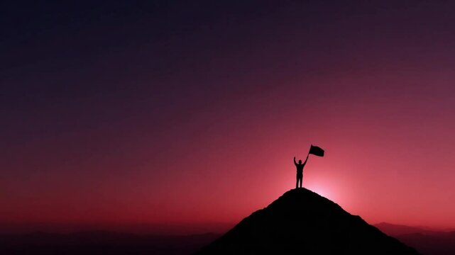 Man plants flag peak achieving success Silhouette figure against sunset sky over mountain range Business career concept triumph victory leadership challenge motivation goal free