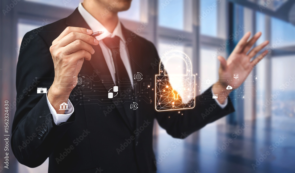 Poster cyber security safeguards data and systems. cyber security uses ai, digital security protects cloud,