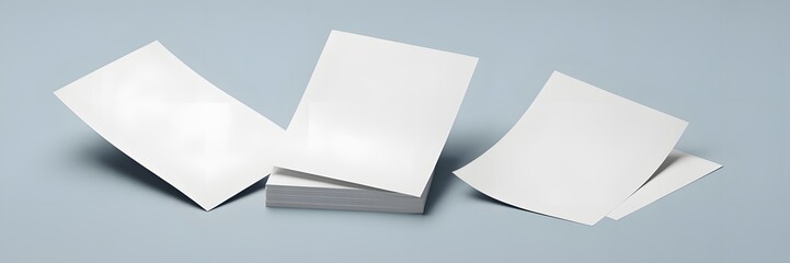 Three scattered sheets of white paper on light gray background, ideal for minimalist mockups, print design, or presentation templates