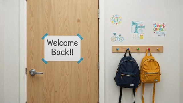  classroom door with 'Welcome Back!' sign, colorful drawings taped up, small backpacks hanging on wall hooks nearby