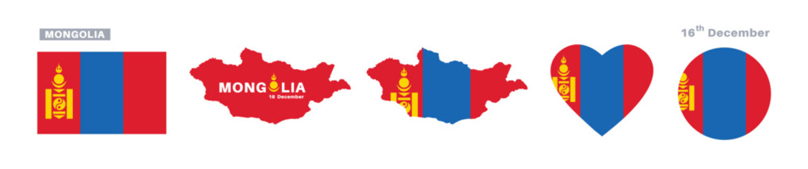 mongolia flag and map set. mongolia flag in official colors and proportions. independence day 16 december, map, circle and heart shaped mongolia 