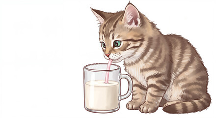 Art of cute digital illustration of kitten drinking milk in soft pastel colors, sweet and calm atmosphere, minimalistic scene with light pink and cream palette on clean white background