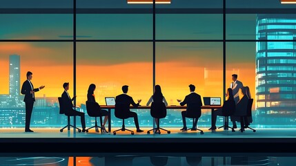 Digital illustration of a business meeting with city skyline views through expansive windows.