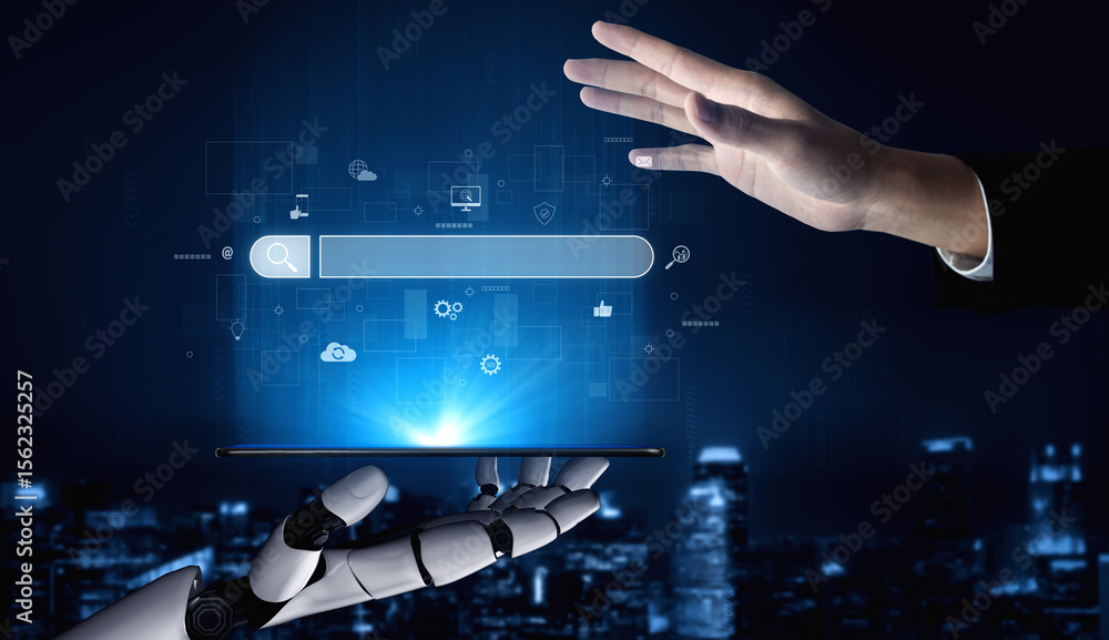 Poster ai assisting search engine interface to find digital information, enhance seo visibility, monitor in
